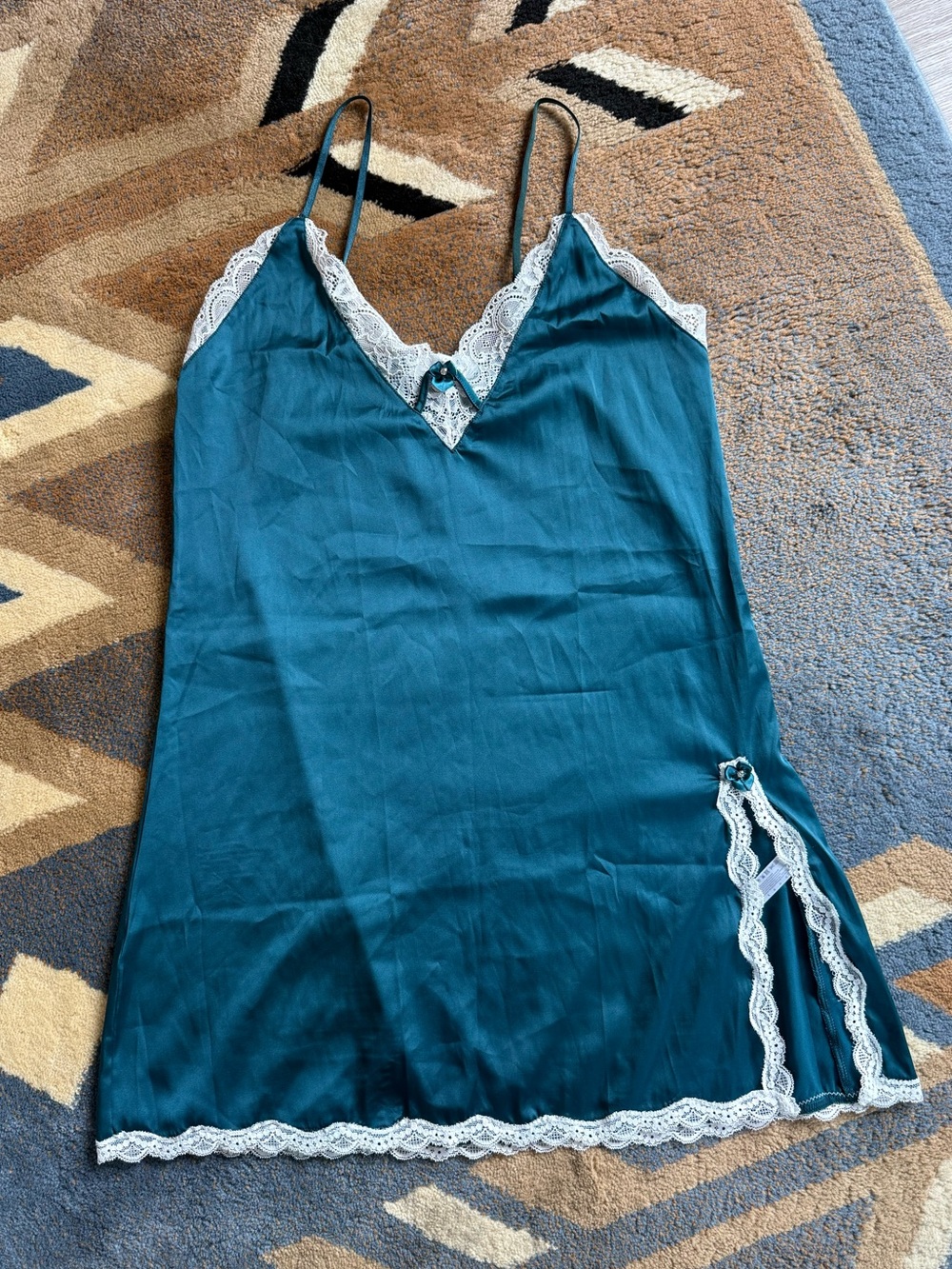 Teal Lace-Trim Slip Chemise with Contrast Trim